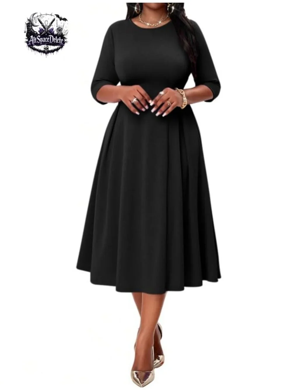Womens Cocktail Midi Dress 3/4 Sleeve A-Line Pockets